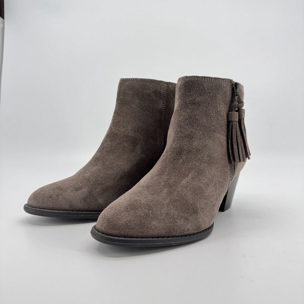 Vionic Madeline Ankle Boots Womens 7W Taupe Suede Tassel Block Heel Weatherproof